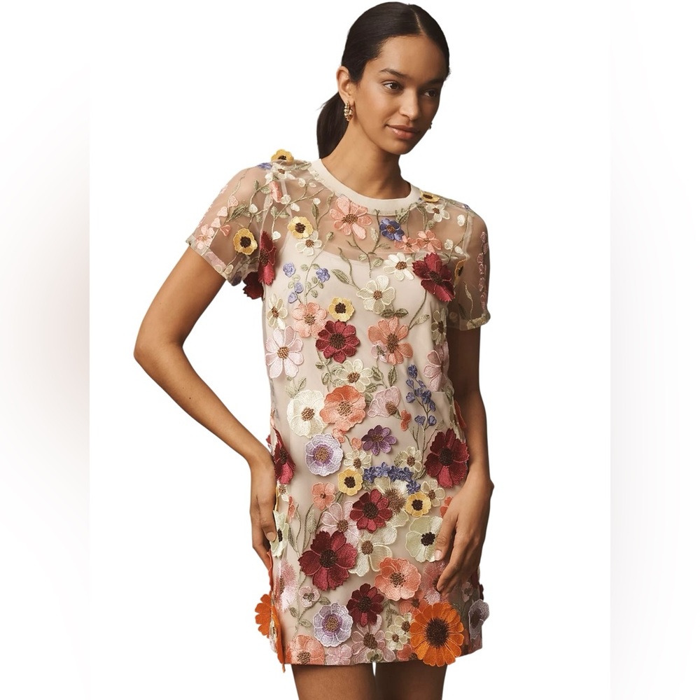 Anthropologie Endless Rose Floral-Embellished Sheer Mini Dress Medium - Picture 3 of 6